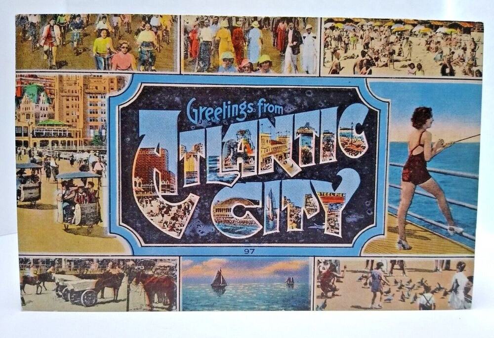 Greetings From Atlantic City New Jersey Large Letter Postcard Horses Lucy Hotels